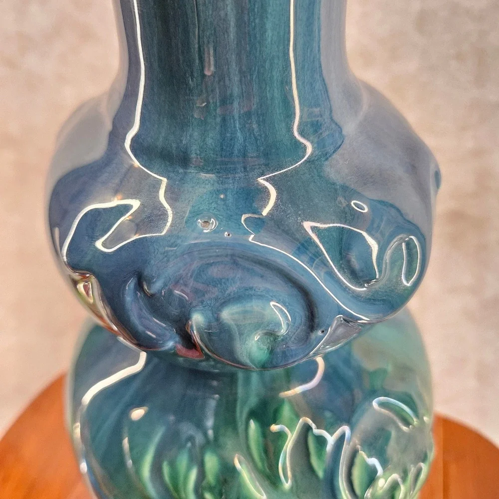 Haeger USA Green Teal Blue Ceramic Vase Raised Floral Tree Design 15